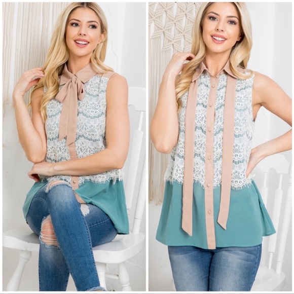 RYU Mint Beige Button Down Sleeveless Victorian Lace Top - Picture 1 of 8